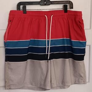 Goodfellow & Co Mens Board Shorts  XL Unlined Swim Trunks Red/Blue/gray  Striped